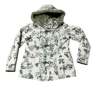 Y2K Oakley Women’s Snowboard Ski Jacket Faux Fur  White Camo Print Toggle Size M